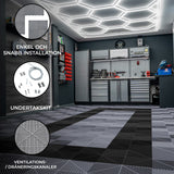 Polypropenplattor med ventilationskanaler (120 enheter) och kanter - Grå (90) och Svart  (30)+ Hexagonal LED-taklampa