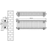 Svart traditionell 4-kolonnsradiator med måtten 300 x 1010 mm, visad från sidan och ovan, med detaljerade måttangivelser