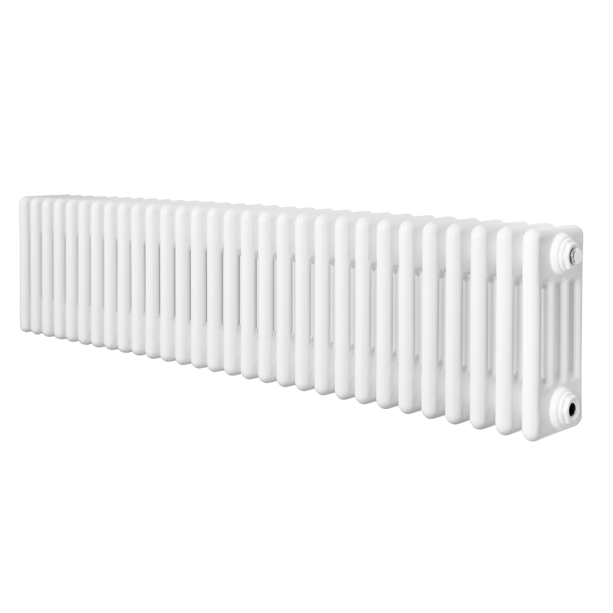 Traditionell vit 4-kolonnsradiator i metall, 300 x 1370 mm, med släta ytor och rundade kanter för ett klassiskt utseende