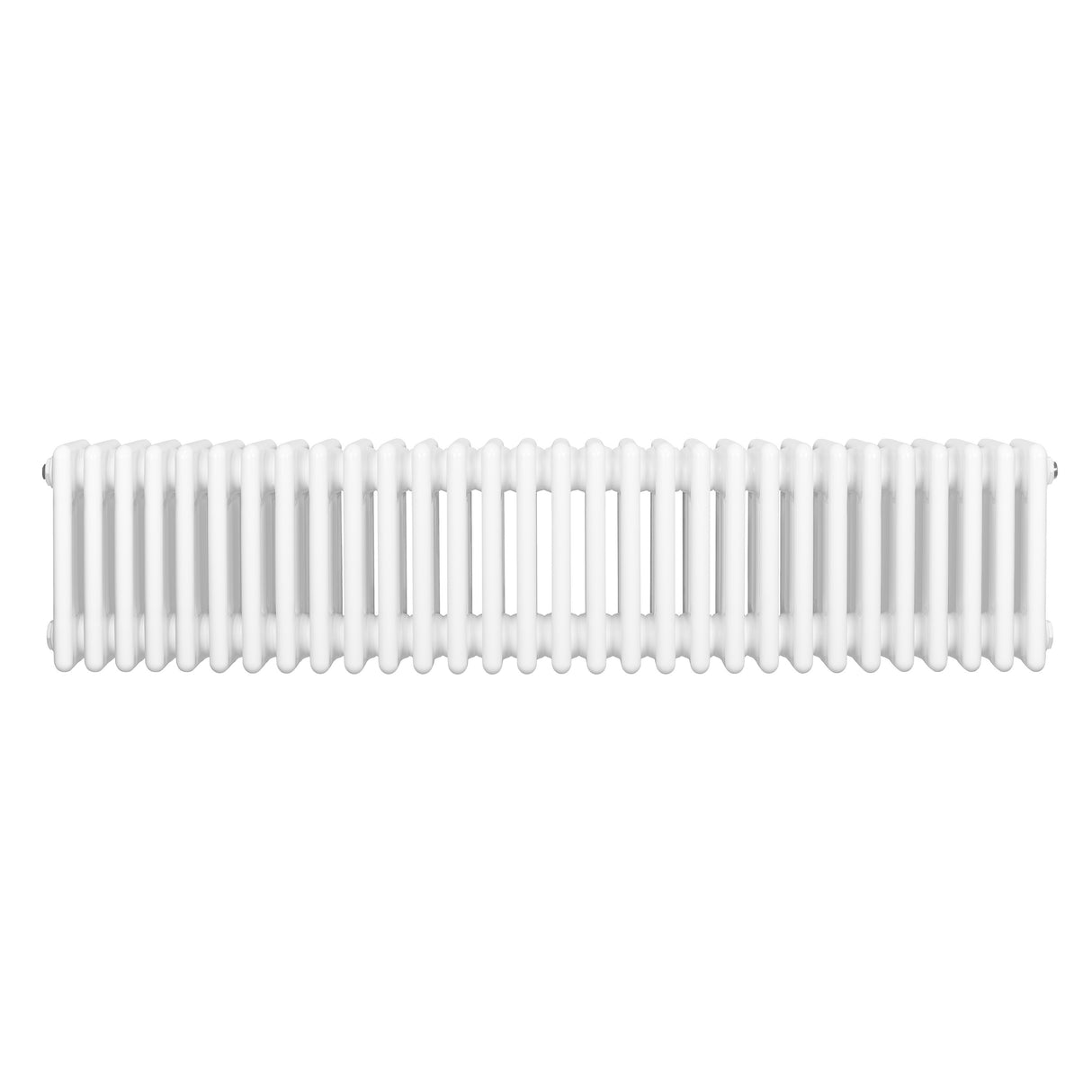 Traditionell vit 4-kolonnsradiator i metall, 300 x 1370 mm, med släta ytor och rundade kanter för ett klassiskt utseende
