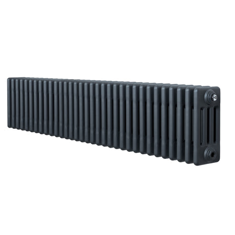 Traditionell 4-kolonnsradiator i antracit, långsmal design med ribbor och släta ytor, perfekt för effektiv värmeöverföring