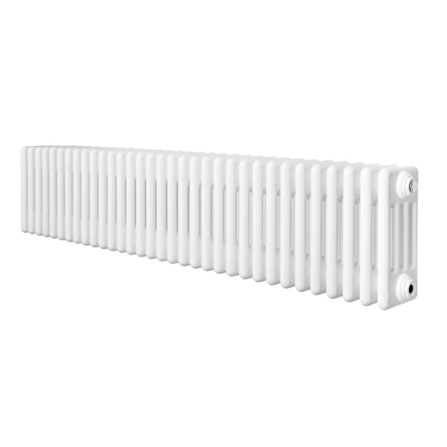 Traditionell vit 4-kolonnsradiator i metall, 300 x 1505 mm, med släta ytor och rundade kanter för elegant värmefördelning