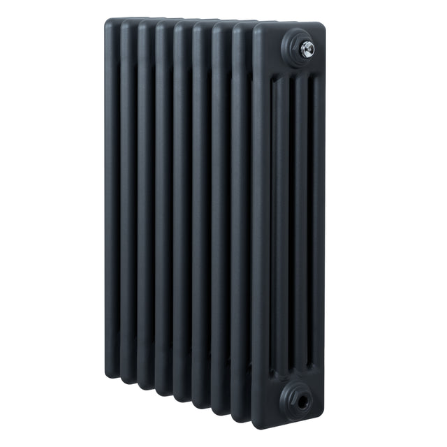 Traditionell 4-kolonnsradiator i antracitgrå, med släta ytor och rektangulära former, perfekt för effektiv uppvärmning