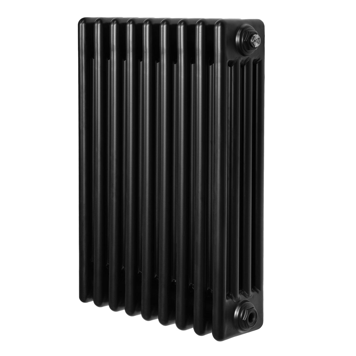 Svart traditionell 4-kolonnsradiator i metall, 600 x 425 mm, med släta ytor och tydliga vertikala ribbor för effektiv värmeöverföring