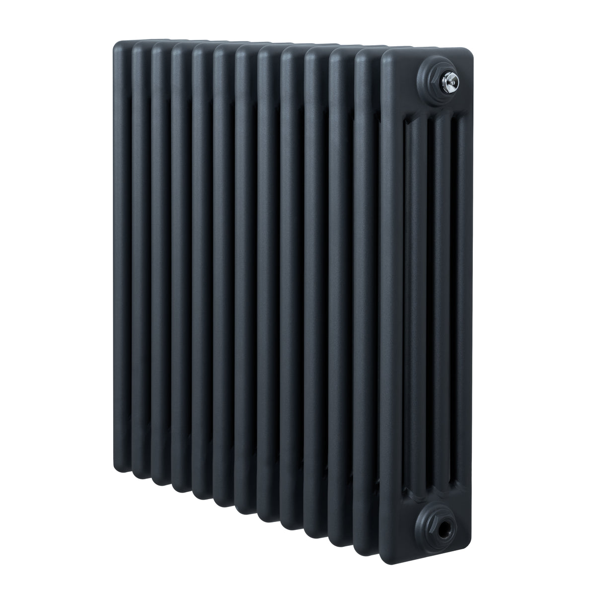 Traditionell 4-kolonnsradiator i antracitgrå, med släta ytor och rektangulära kolonner, perfekt för värme och stil