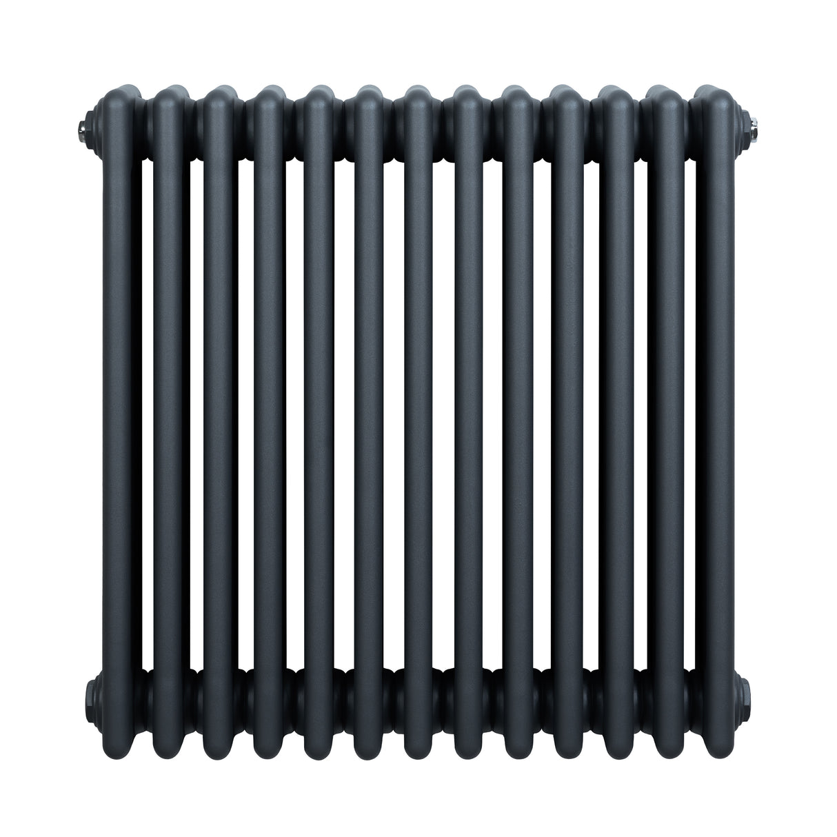 Traditionell 4-kolonnsradiator i antracitgrå, med släta, runda sektioner och en robust, industriell design för effektiv uppvärmning