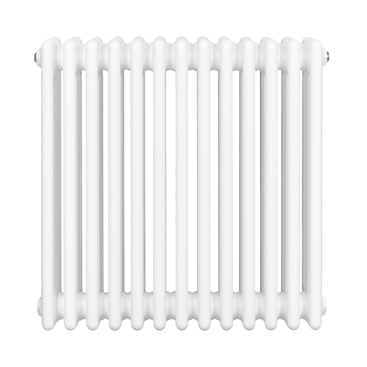 Traditionell vit 4-kolonnsradiator med släta, runda rör och en kompakt design, perfekt för effektiv uppvärmning i hemmet
