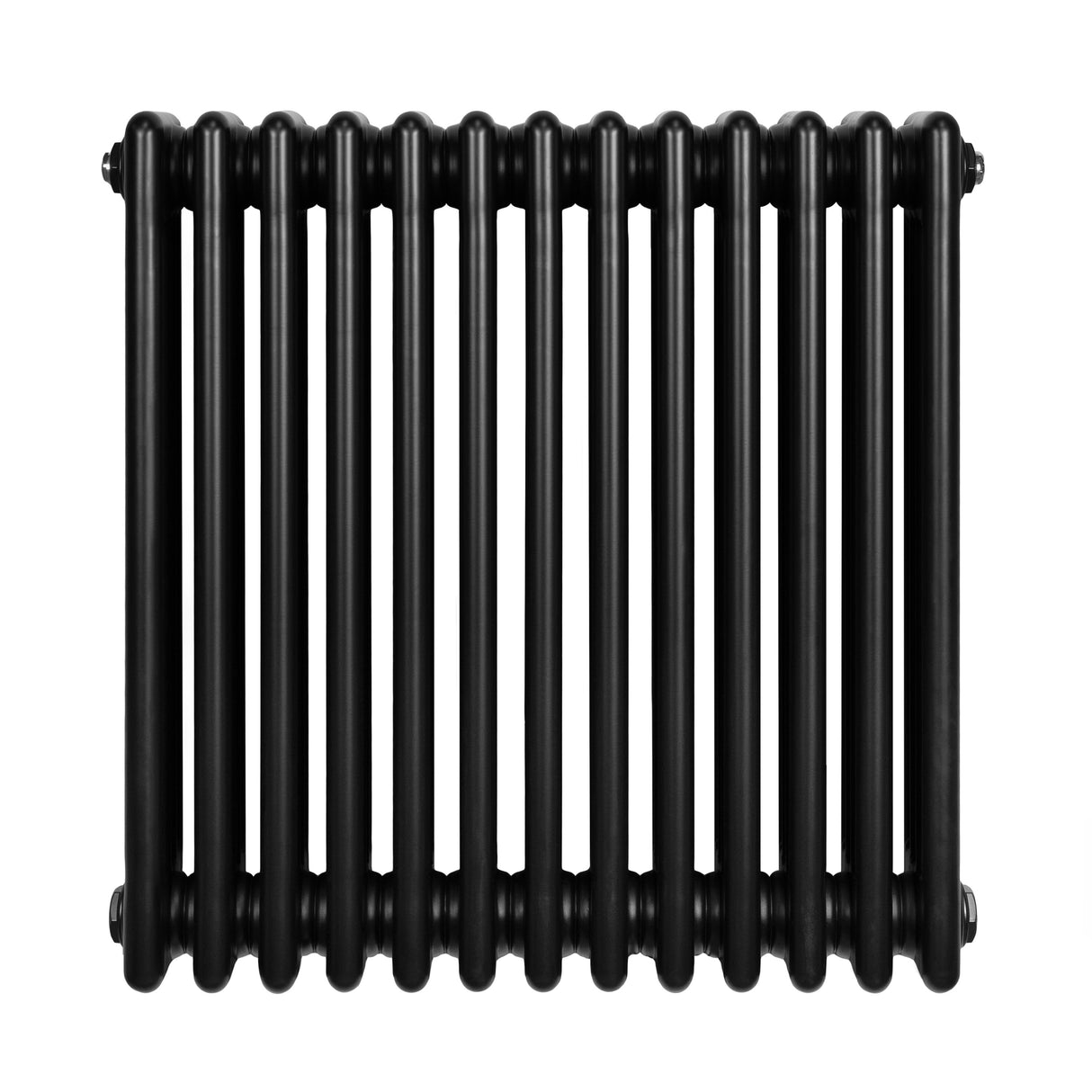 Traditionell svart 4-kolonnsradiator med släta, runda rör och en kompakt design, perfekt för värme och stil i hemmet