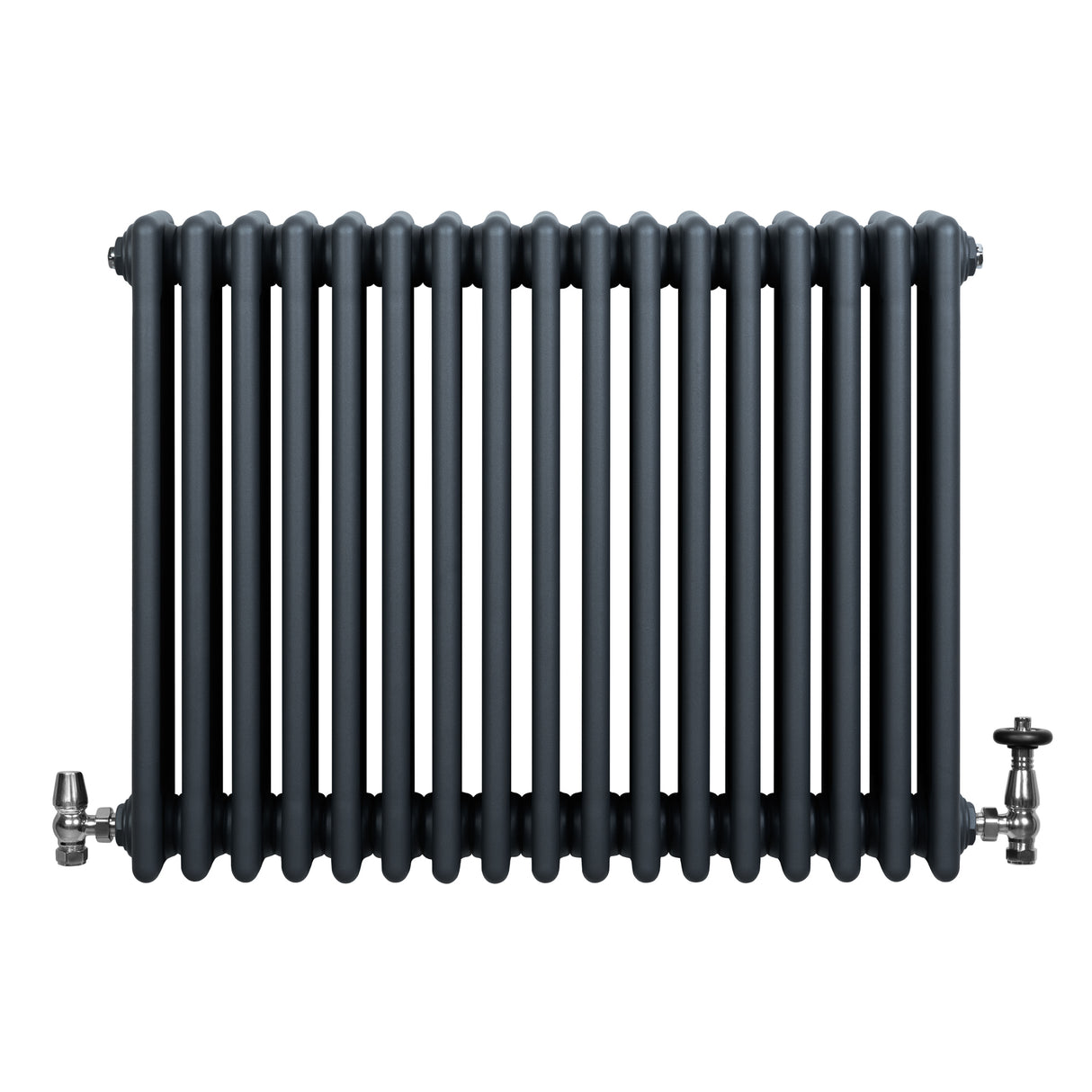 Traditionell antracitgrå 4-kolonnsradiator med släta, rundade rör och ventiler, perfekt för värme och stil i hemmet