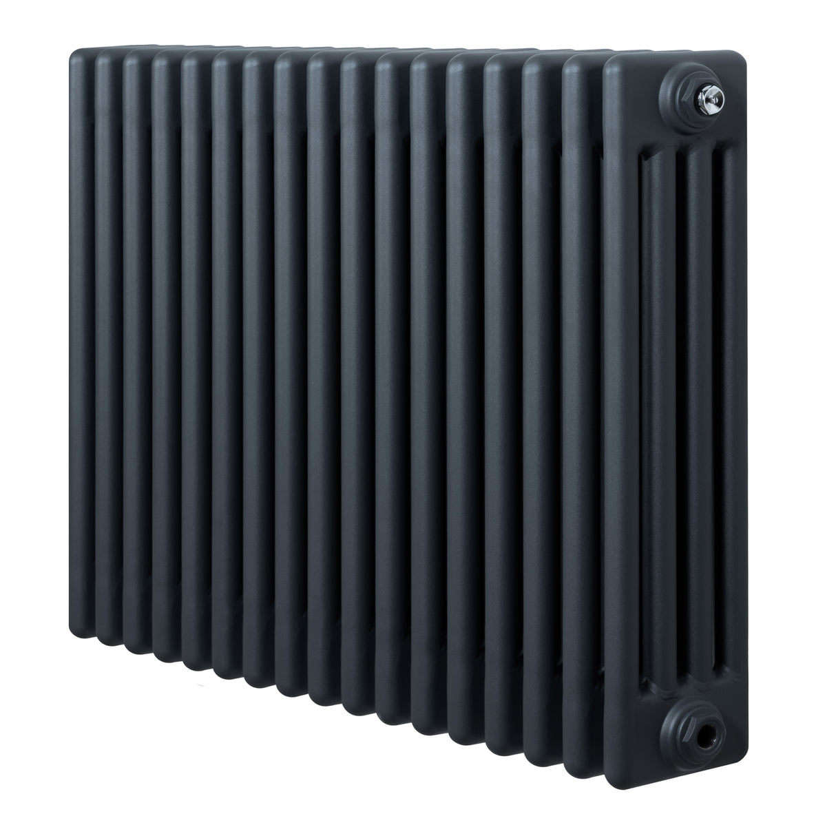 Traditionell 4-kolonnsradiator i antracitgrå, 600 x 785 mm, med släta ytor och vertikala ribbor för effektiv värmefördelning