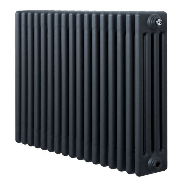 Traditionell 4-kolonnsradiator i antracitgrå, 600 x 785 mm, med släta ytor och vertikala ribbor för effektiv värmefördelning