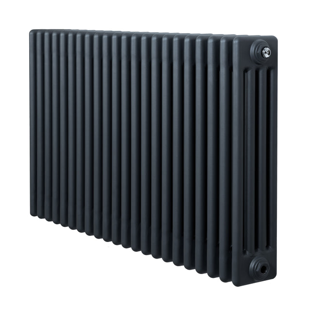 Traditionell 4-kolonnsradiator i antracitgrå, med släta ytor och vertikala ribbor, mått 600 x 1010 mm, stilren design