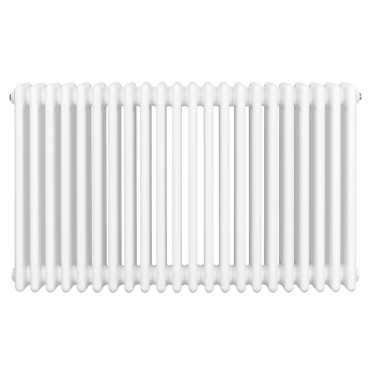 Traditionell vit 4-kolonnsradiator med släta, rundade former och en blank yta, perfekt för att ge värme och stil i hemmet