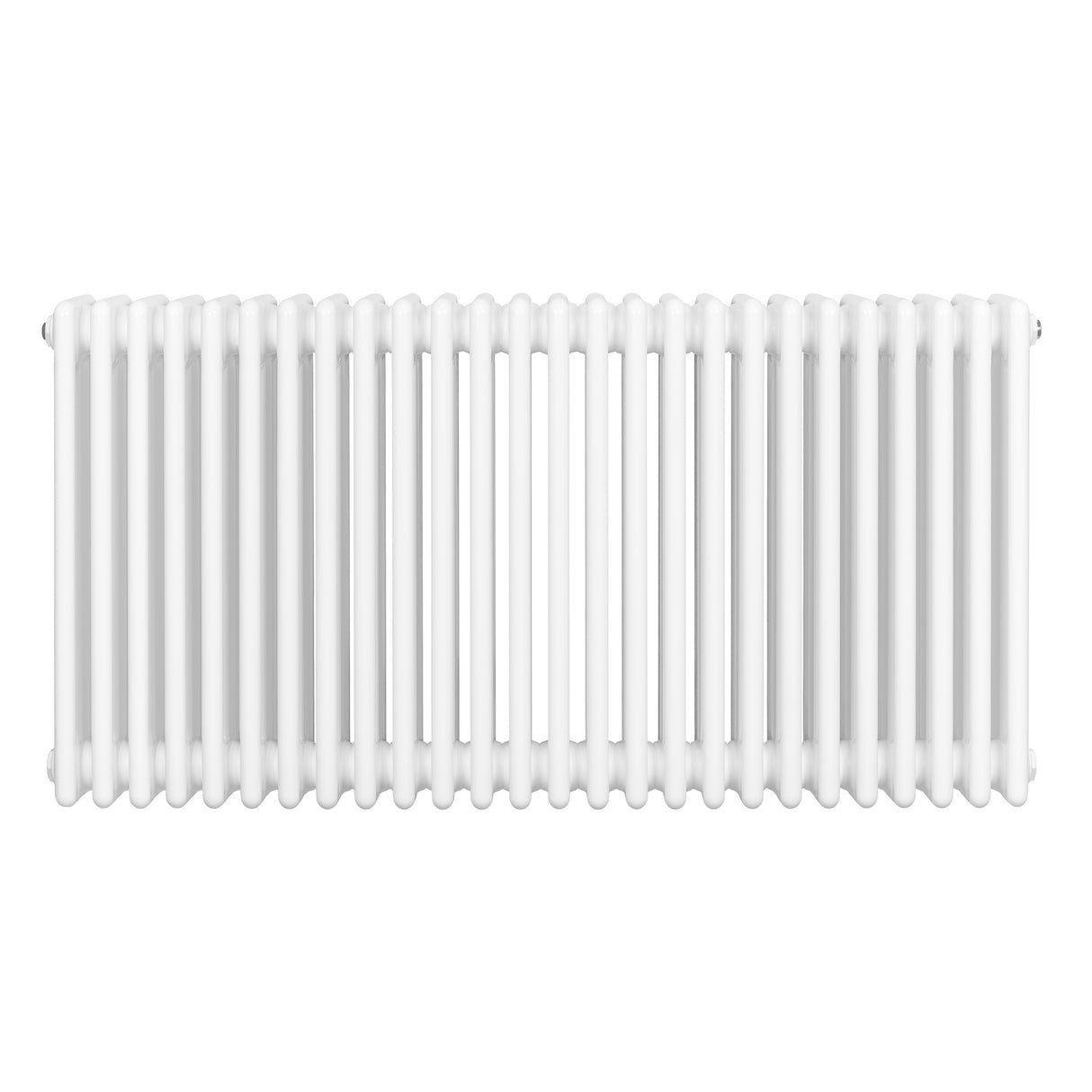 Traditionell vit 4-kolonnsradiator i metall, 600 x 1190 mm, med släta, rundade rör och en glänsande yta för effektiv värmeledning