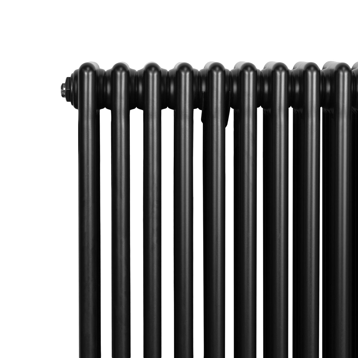 Svart traditionell 4-kolonnsradiator med släta, glänsande ytor och rundade kanter, mått 600 x 1190 mm