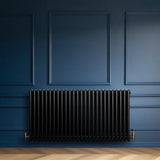 Svart traditionell 4-kolonnsradiator med släta ytor, placerad mot en blå vägg, kompletterad med eleganta golvplankor
