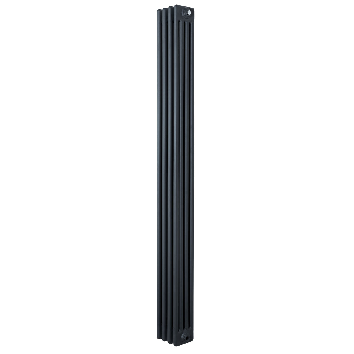 Traditionell antracitgrå 4-kolonnsradiator i metall, 1800 x 200 mm, med släta ytor och vertikala ribbor för effektiv värmeöverföring