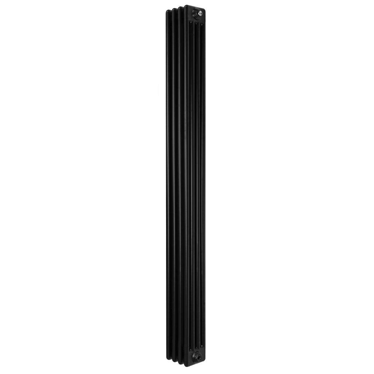 Svart traditionell 4-kolonnsradiator med släta ytor och vertikala ribbor, mått 1800 x 200 mm, perfekt för värme och stil