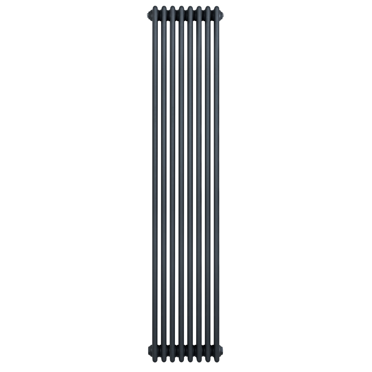Traditionell antracitgrå 4-kolonnsradiator i metall, 1800 x 380 mm, med släta ytor och avlånga, vertikala rör för effektiv värme