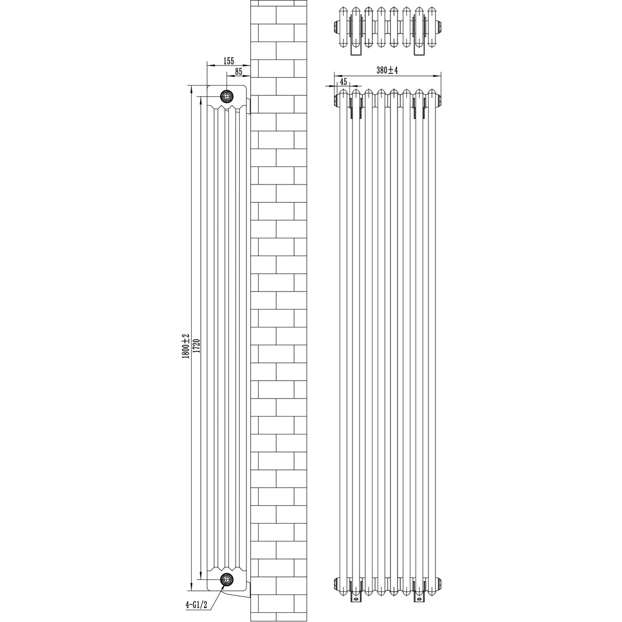 Traditionell 4-kolonnsradiator i antracitgrå, 1800 x 380 mm, med släta ytor och eleganta, vertikala linjer för modern inredning