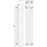 Svart traditionell 4-kolonnsradiator med måtten 1800 x 380 mm, visar detaljerad design och vertikala linjer för effektiv värme