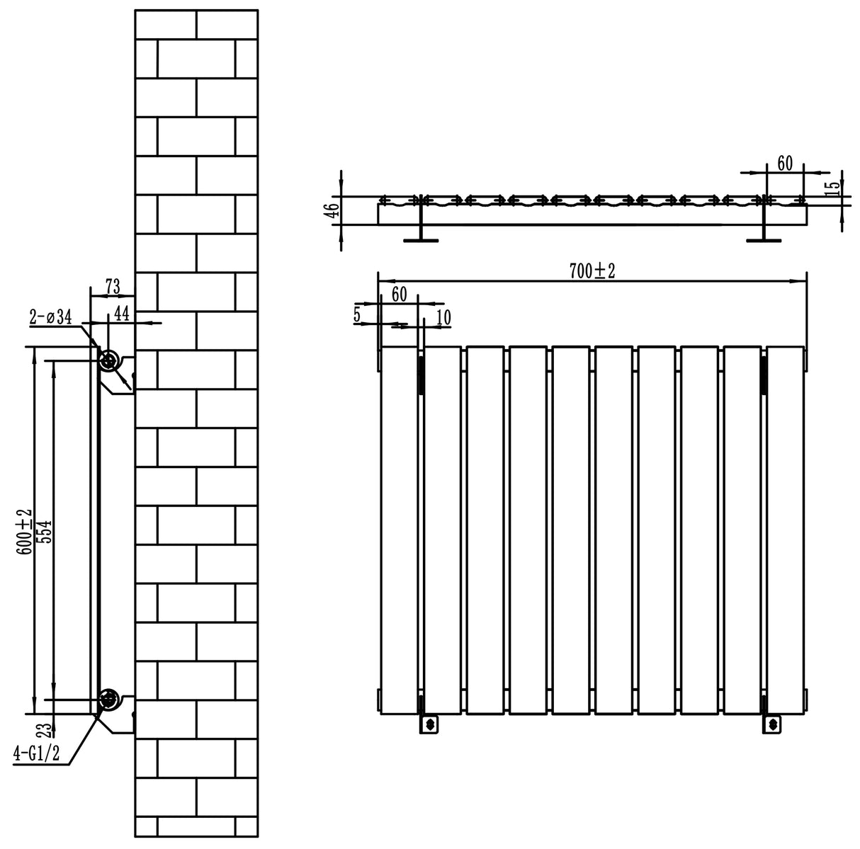 Svart platt enkelpelarradiator med måtten 600 x 700 mm, visar en enkel och modern design med släta ytor och raka linjer