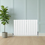 Platt enkelpelarradiator i vitt, 600 x 910 mm, med släta ytor och kromade ventiler, placerad framför en grön växt mot en ljus vägg