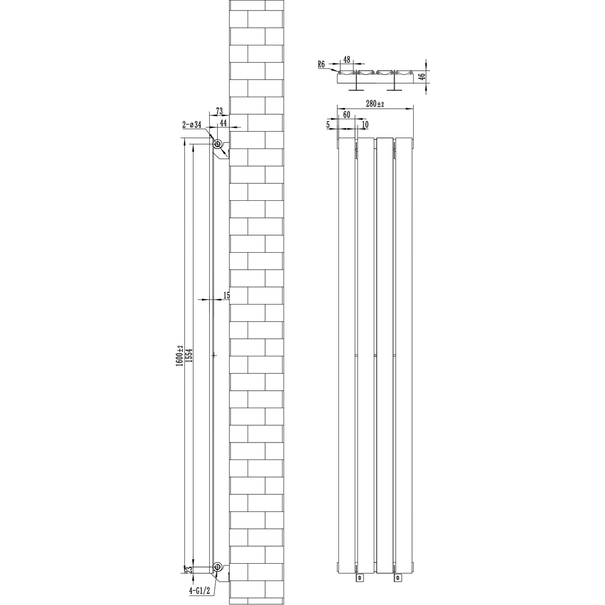 Platt enkelpelarradiator i antracitgrå, 1600 x 280 mm, med släta ytor och moderna linjer, perfekt för stilren inredning