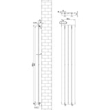 Vit platt enkelpelarradiator med måtten 1600 x 280 mm, designad för väggmontering, med släta ytor och moderna linjer