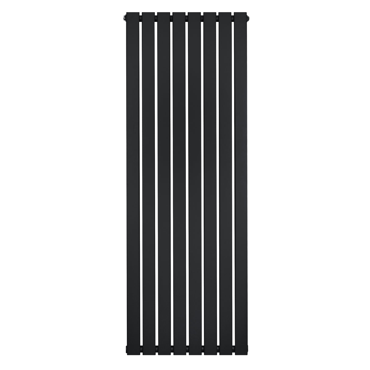 Svart platt enkelpelarradiator med vertikala ribbor, mått 1600 x 560 mm, elegant design som passar moderna inredningar