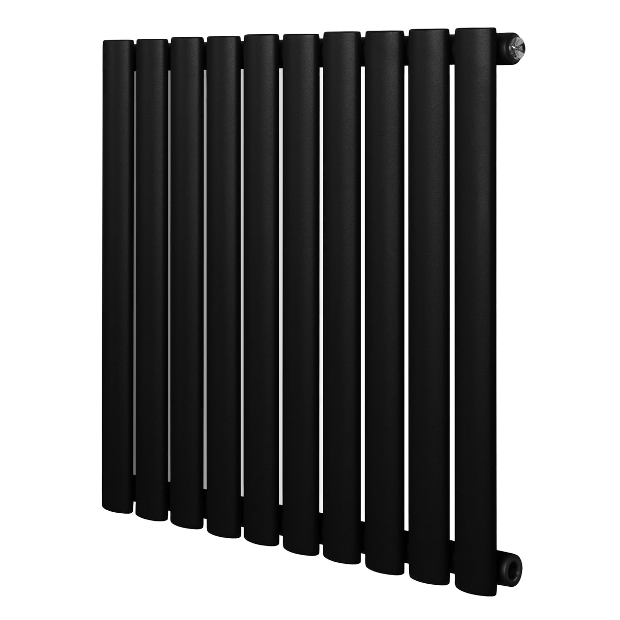 Oval enkelpelarradiator i svart, 600 x 600 mm, med släta, cylindriska rör och modern, stilren design för effektiv värme