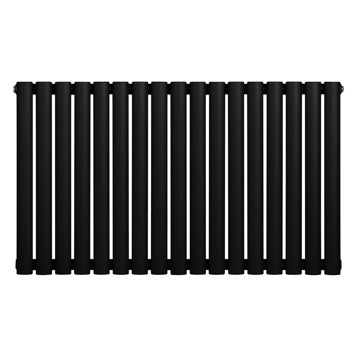 Oval svart enkelpelarradiator med släta, cylindriska sektioner, mått 600 x 1020 mm, perfekt för modern inredning