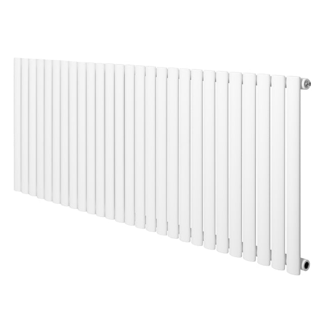 Oval vit enkelpelarradiator i metall, 600 x 1620 mm, med släta, avlånga ribbor och en modern, minimalistisk design