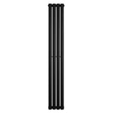 Svart oval enkelpelarradiator med fyra vertikala sektioner, elegant design och slät yta, mått 1600 x 240 mm