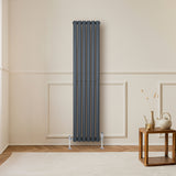 Oval enkelpelarradiator i antracitgrå, 1600 x 360 mm, med släta ytor och stilren design, placerad på vägg i modern inredning