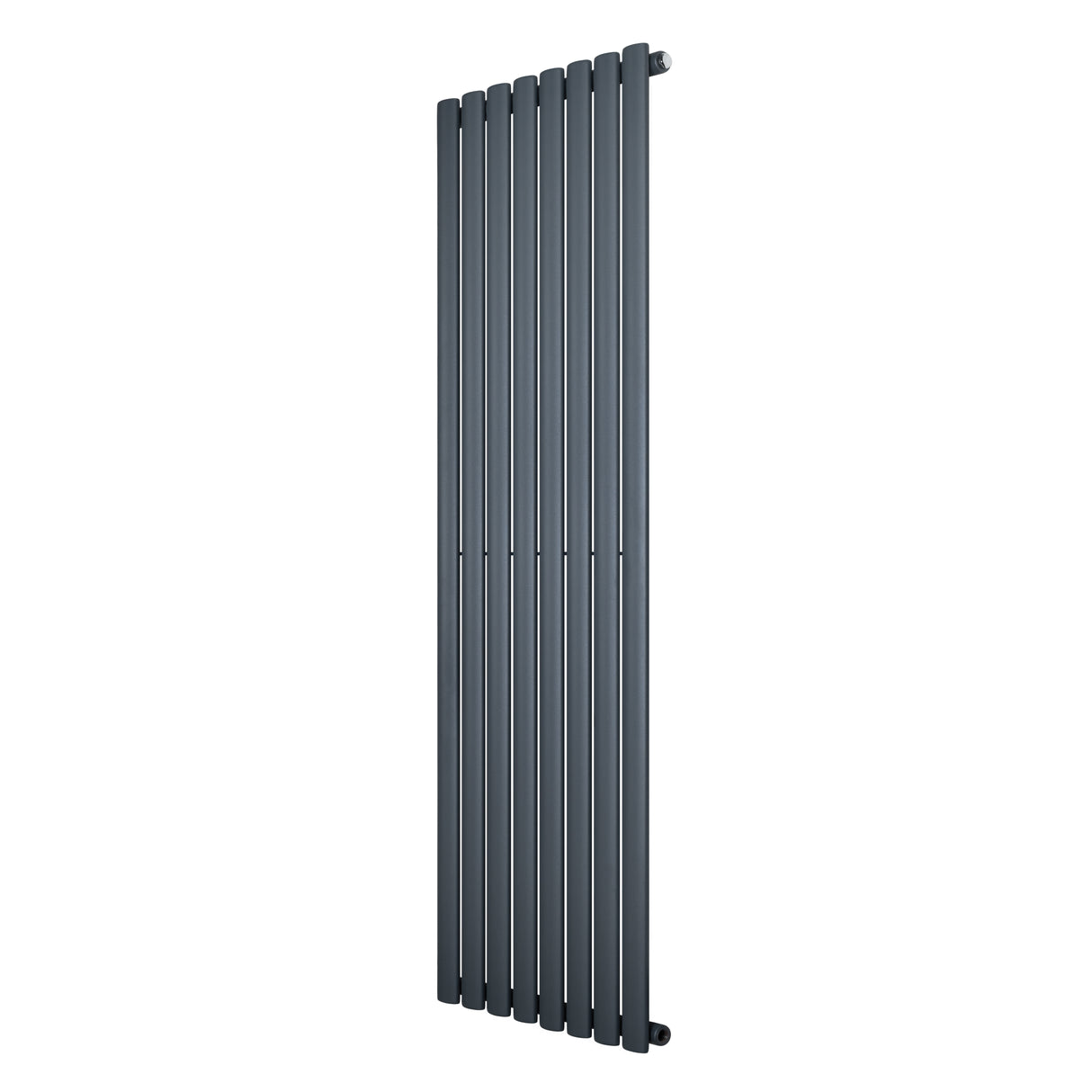 Oval enkelpelarradiator i antracitgrå, 1600 x 480 mm, med slanka, vertikala ribbor och en modern, stilren design
