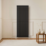 Oval enkelpelarradiator i svart, 1600 x 600 mm, med släta ytor och stilren design, placerad mot en ljus vägg i ett modernt rum