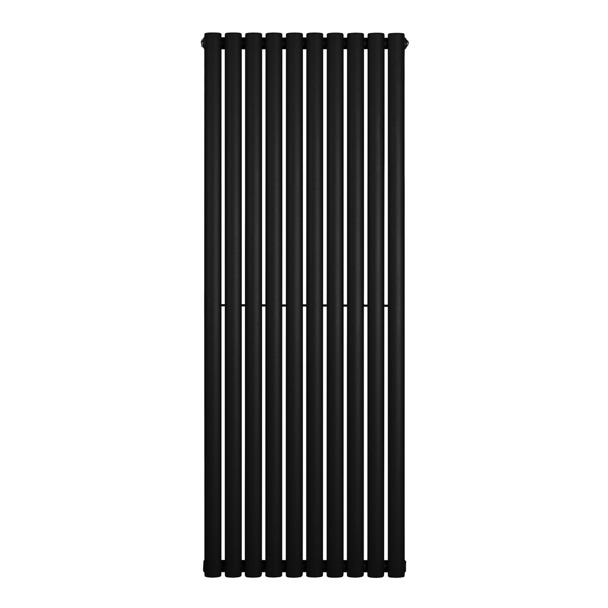 Svart oval enkelpelarradiator med släta, vertikala ribbor, mått 1600 x 600 mm, perfekt för modern inredning och effektiv uppvärmning