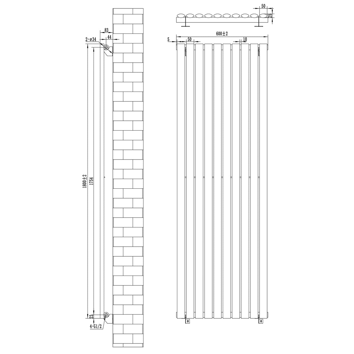 Oval enkelpelarradiator i antracitgrå, mått 1800 x 600 mm, med släta ytor och vertikala pelare för modern inredning