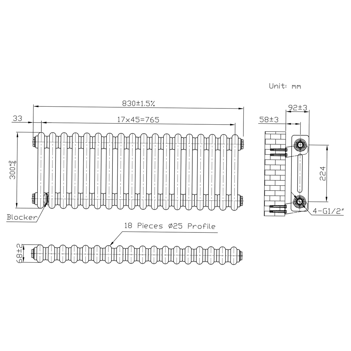 Traditionell 2-kolumnsradiator med ventiler – 300 x 830 mm – Råmetall