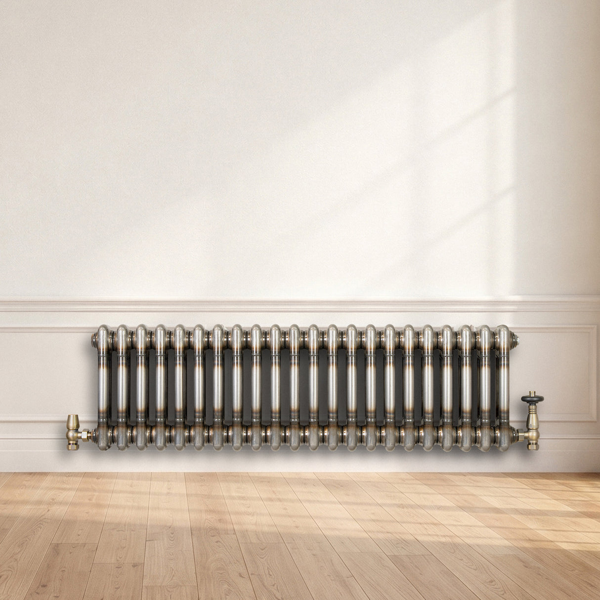 Traditionell 2-kolumnsradiator med ventiler – 300 x 1010 mm – Råmetall