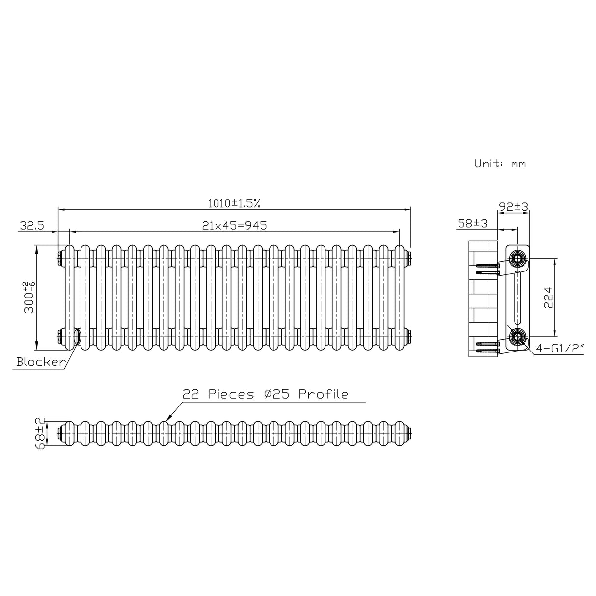 Traditionell 2-kolumnsradiator med ventiler – 300 x 1010 mm – Råmetall