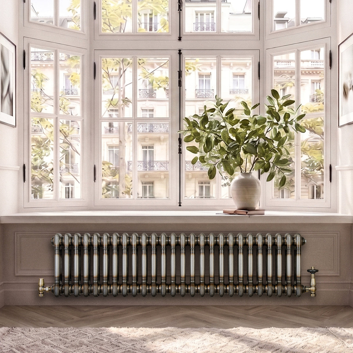 Traditionell 2-kolumnsradiator med ventiler – 300 x 1190 mm – Råmetall