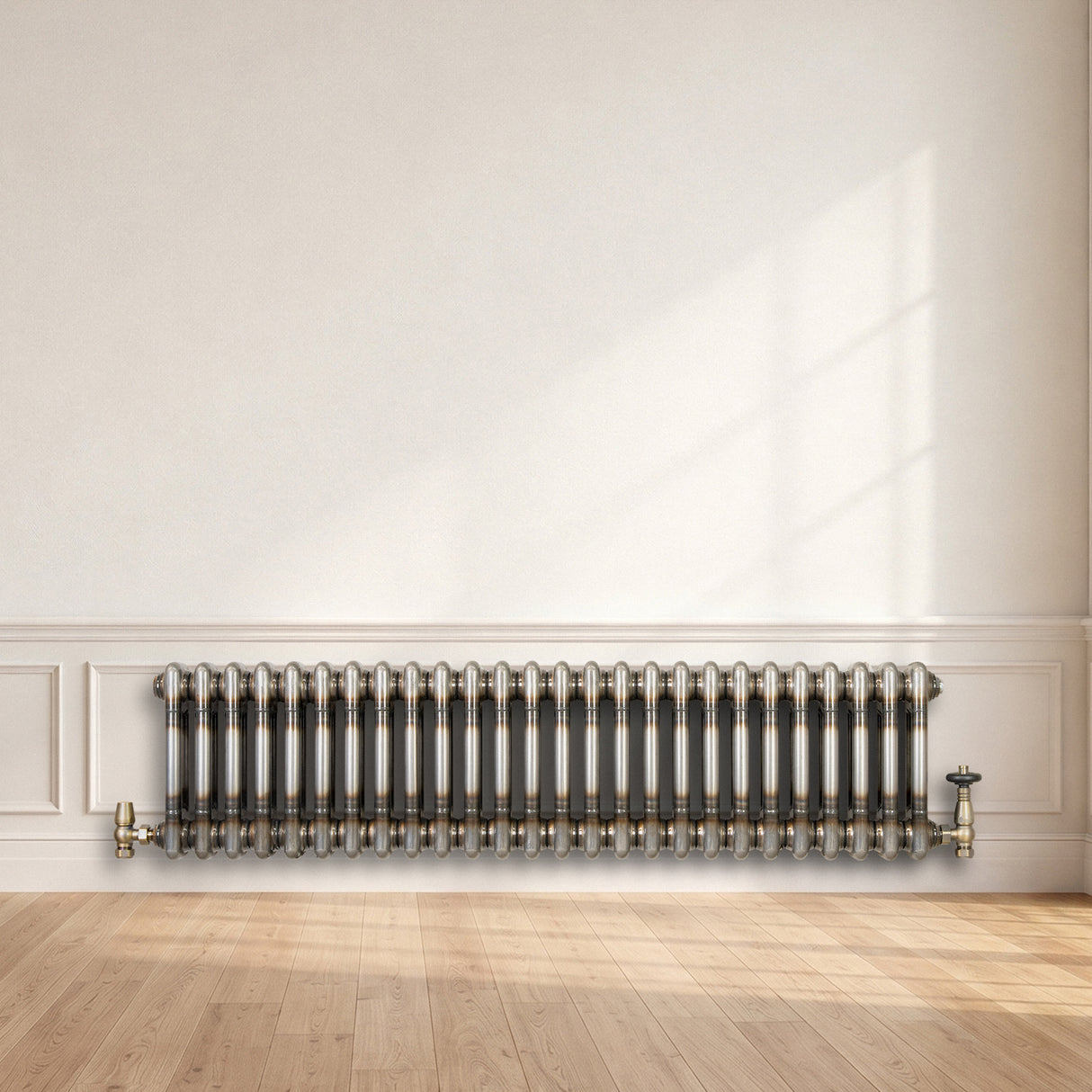 Traditionell 2-kolumnsradiator med ventiler – 300 x 1190 mm – Råmetall