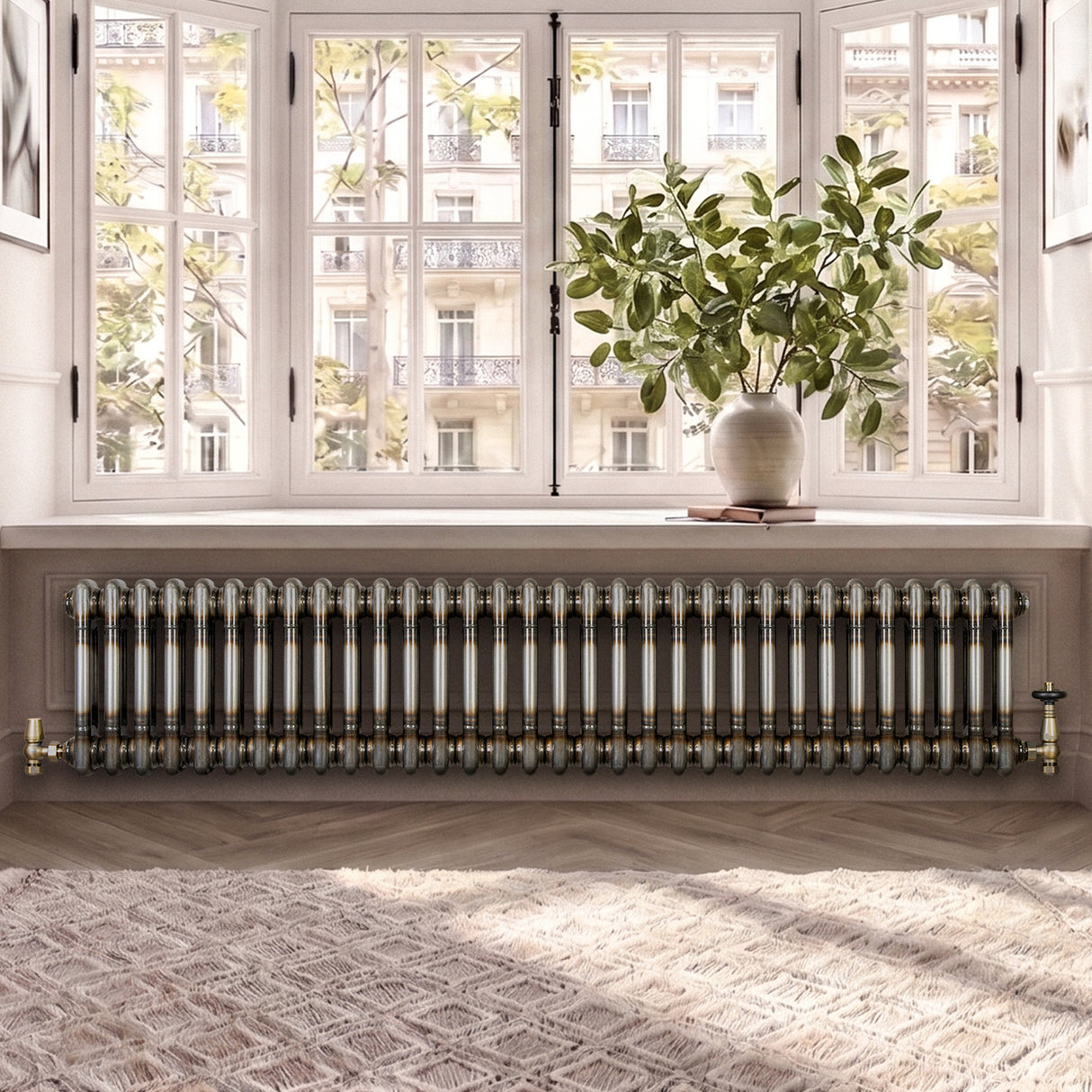 Traditionell 2-kolumnsradiator med ventiler – 300 x 1460 mm – Råmetall