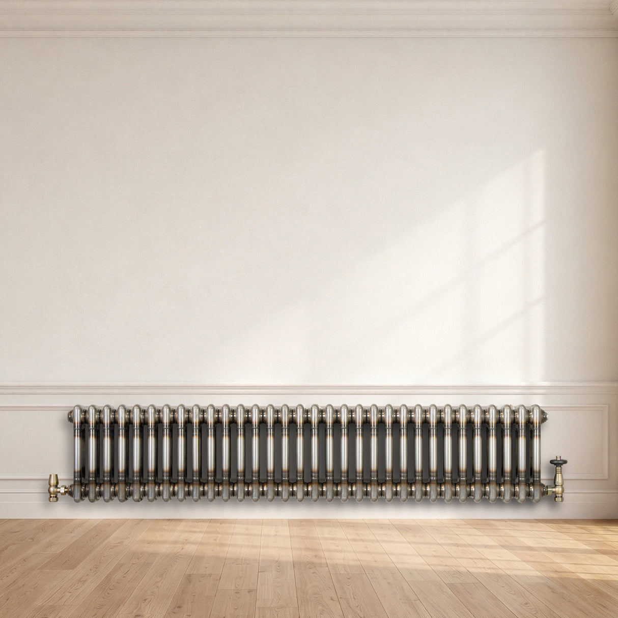 Traditionell 2-kolumnsradiator med ventiler – 300 x 1460 mm – Råmetall