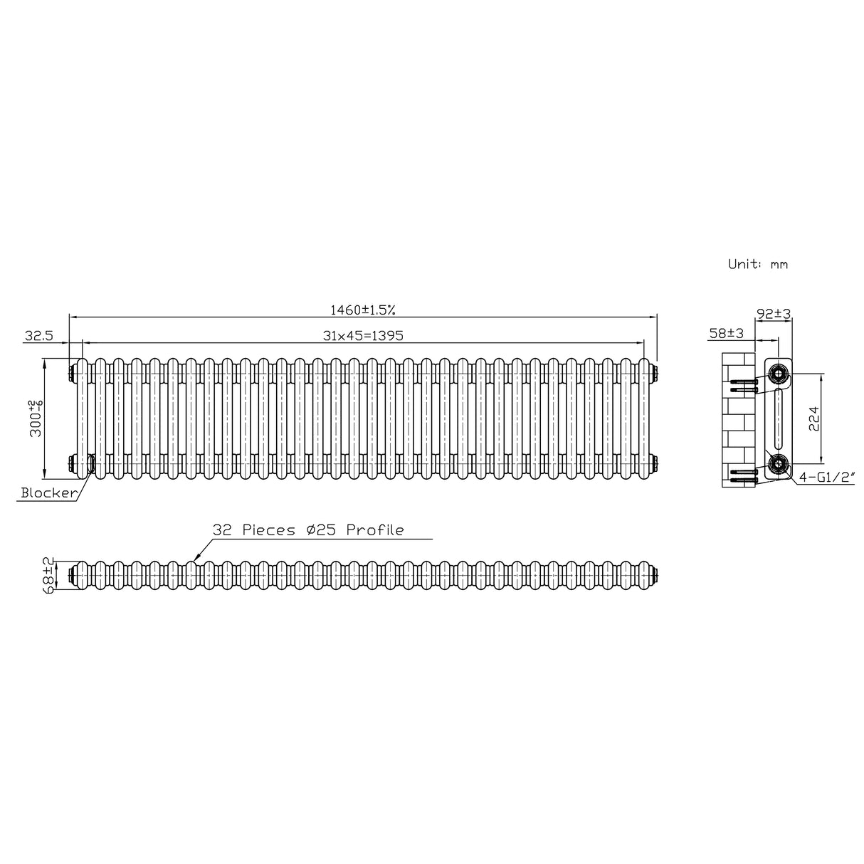 Traditionell 2-kolumnsradiator med ventiler – 300 x 1460 mm – Råmetall