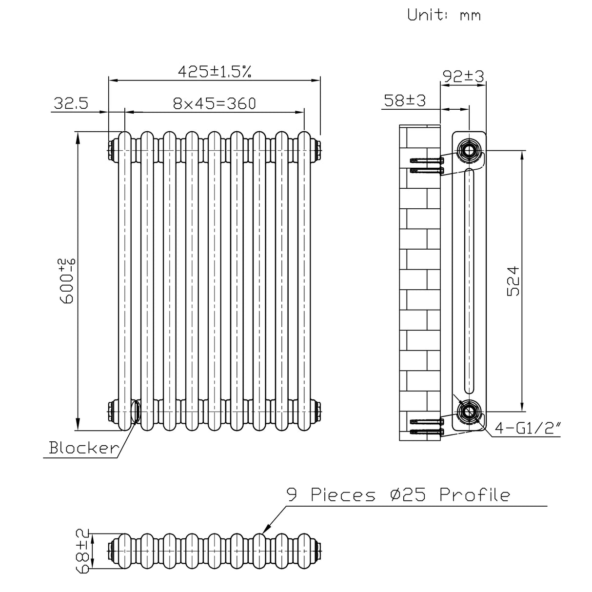 Traditionell 2-kolumnsradiator med ventiler – 600 x 425 mm – Råmetall