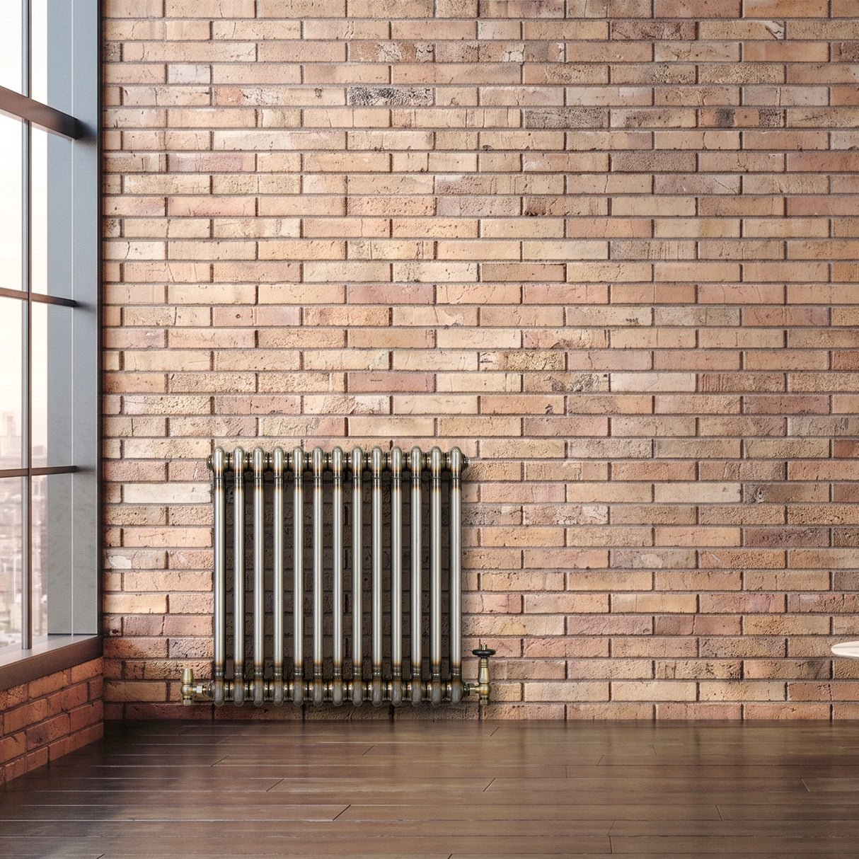 Traditionell 2-kolumnsradiator med ventiler – 600 x 605 mm – Råmetall