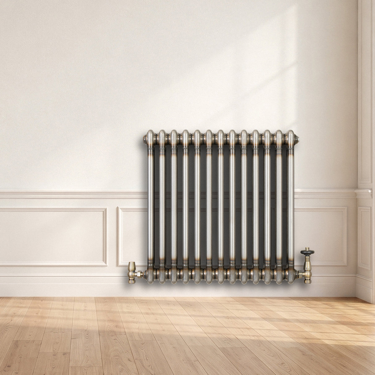 Traditionell 2-kolumnsradiator med ventiler – 600 x 605 mm – Råmetall